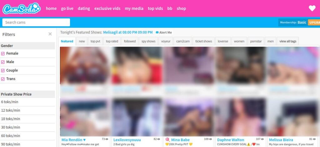 CamSoda Page principale avec Cam Girls