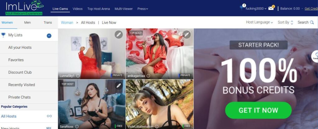 Capture d'écran ImLive Page d'accueil des sites de webcams